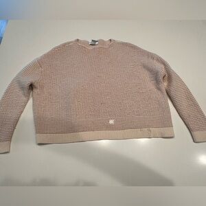 Nordstrom Women's Light Pink and Cream Gingham Crew Neck 100% Cashmere Sweater